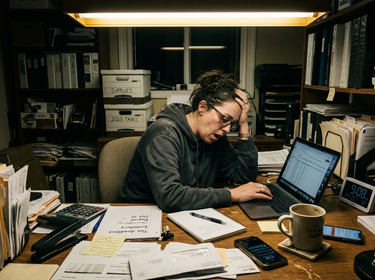 A tired business owner working late at 9pm with cold coffee
