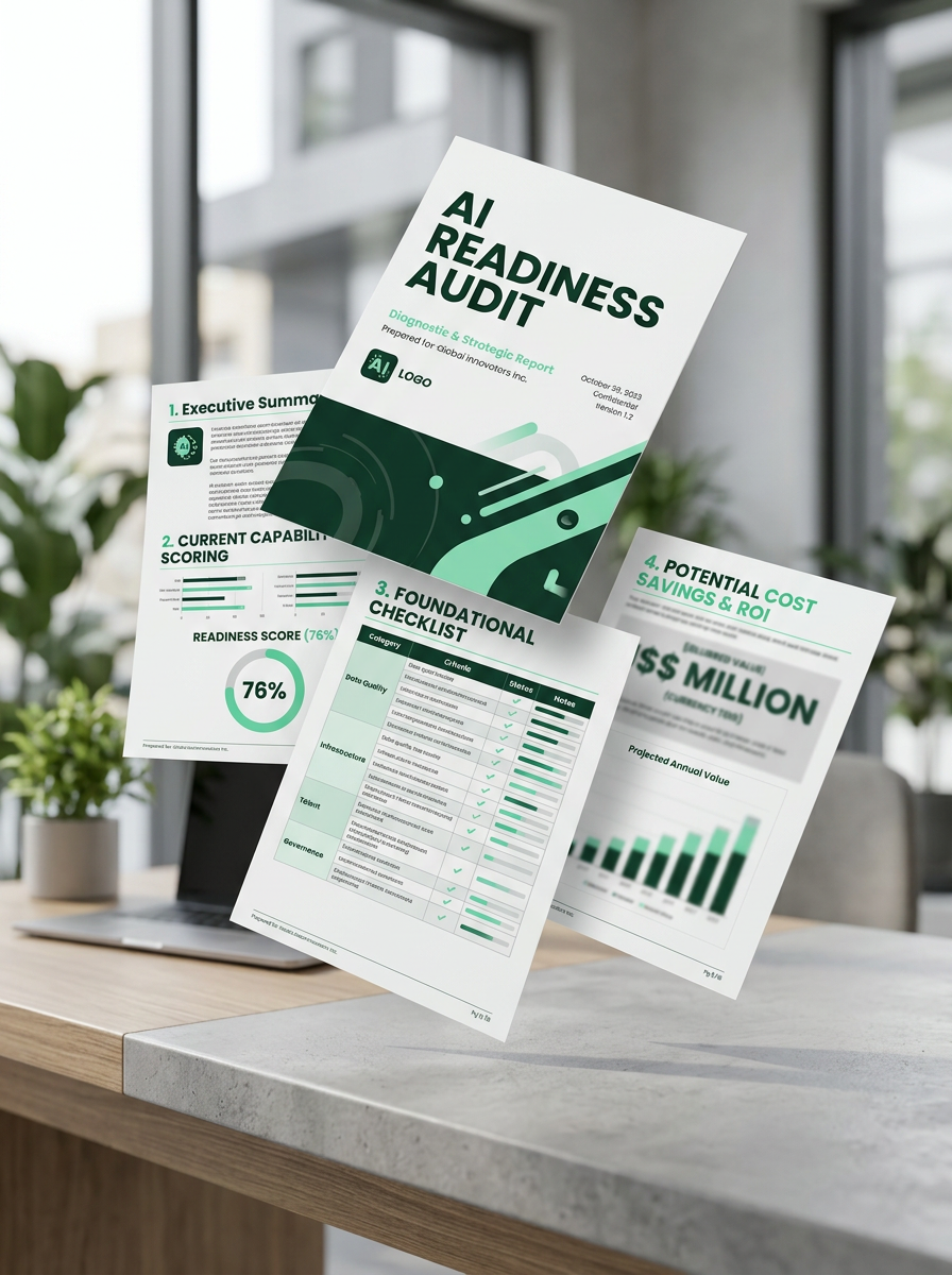 Mockup of the AI Readiness Audit diagnostic report with the monthly loss figure blurred out